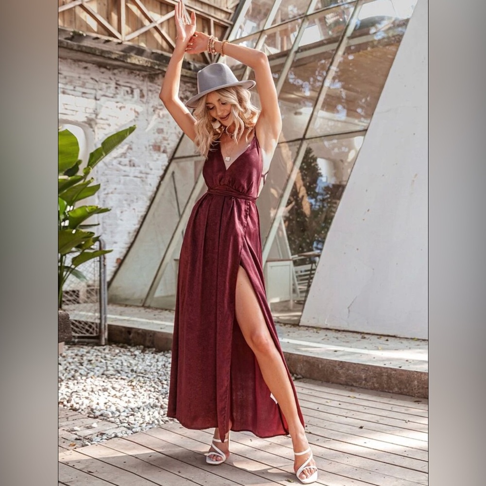 Shein Simplee Lace Up Backless Split Thigh Cami Dress - Burgandy Red